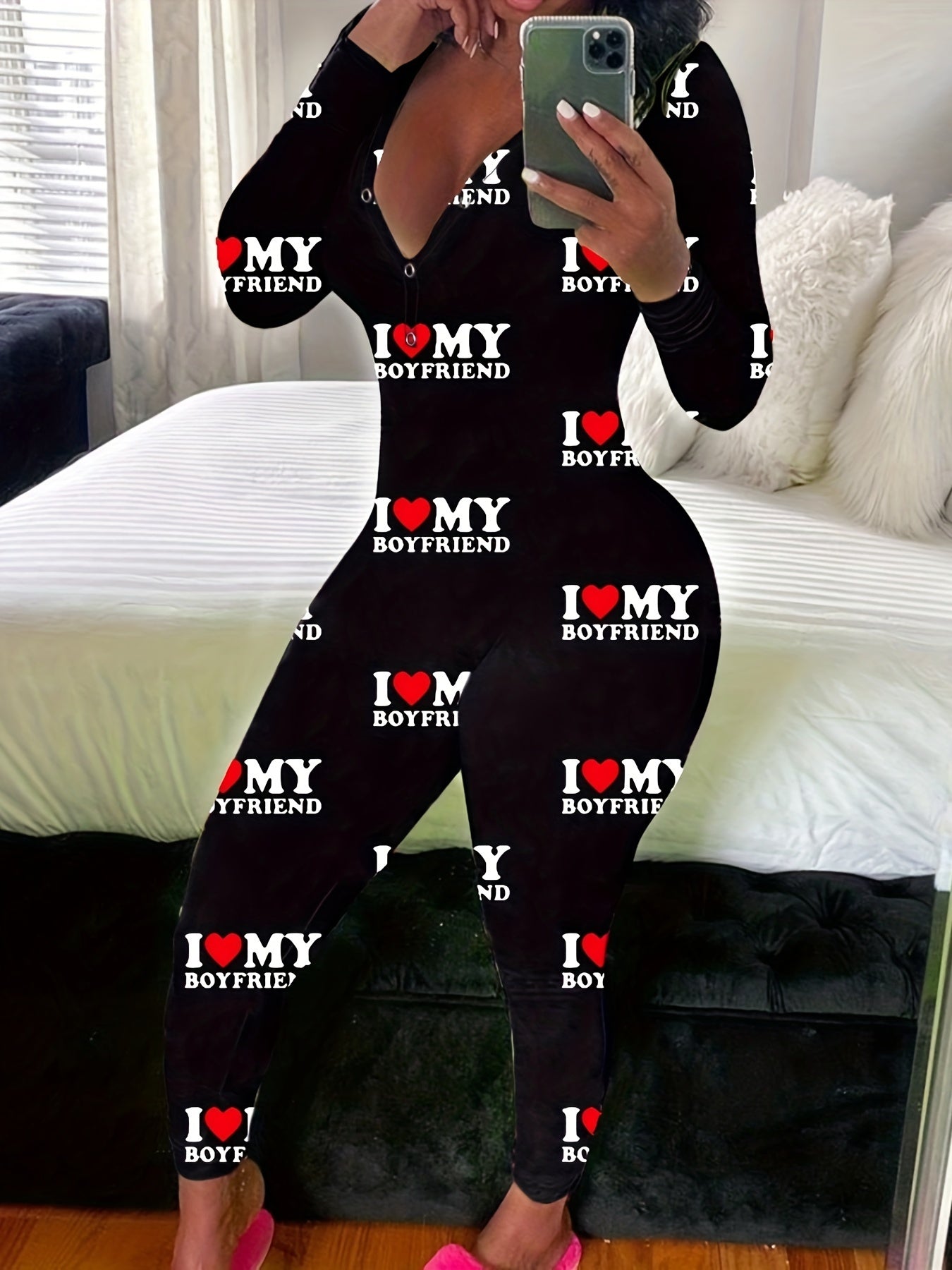 Women's V-Neck Lounge Jumpsuit with Buttons and Letter Print Polyester Spandex