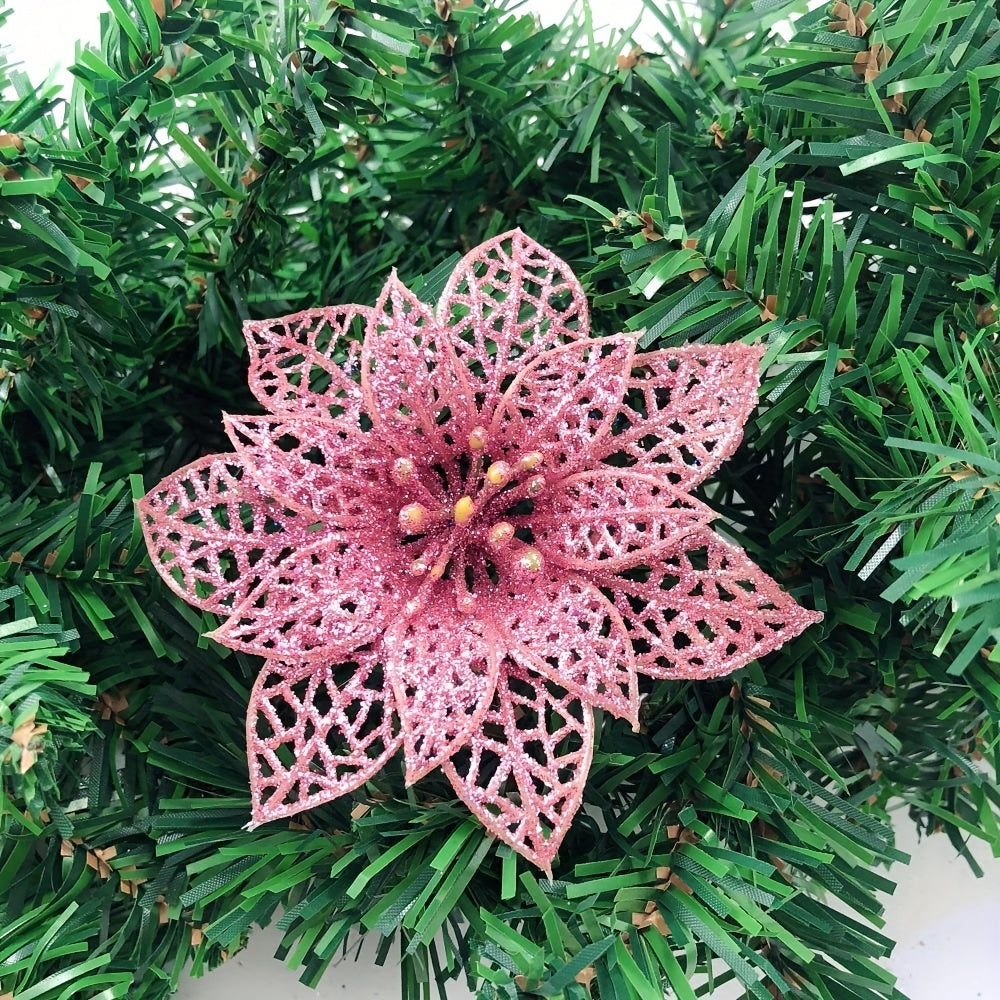 Artificial Two-Layer Hollow Golden Powder Christmas Flowers with Clips, 11cm, for Tree and Wreath Decoration
