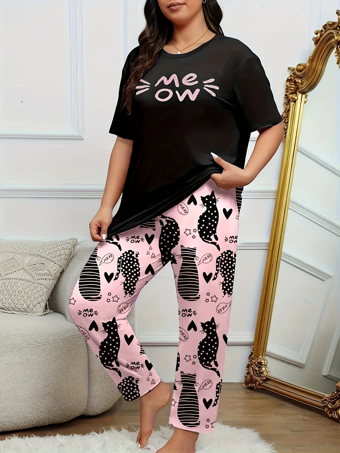 Ayollar uchun katta o'lchamdagi multfilm mushuk bosma pijama to'plami, qisqa qo'lqopli dam olish uchun