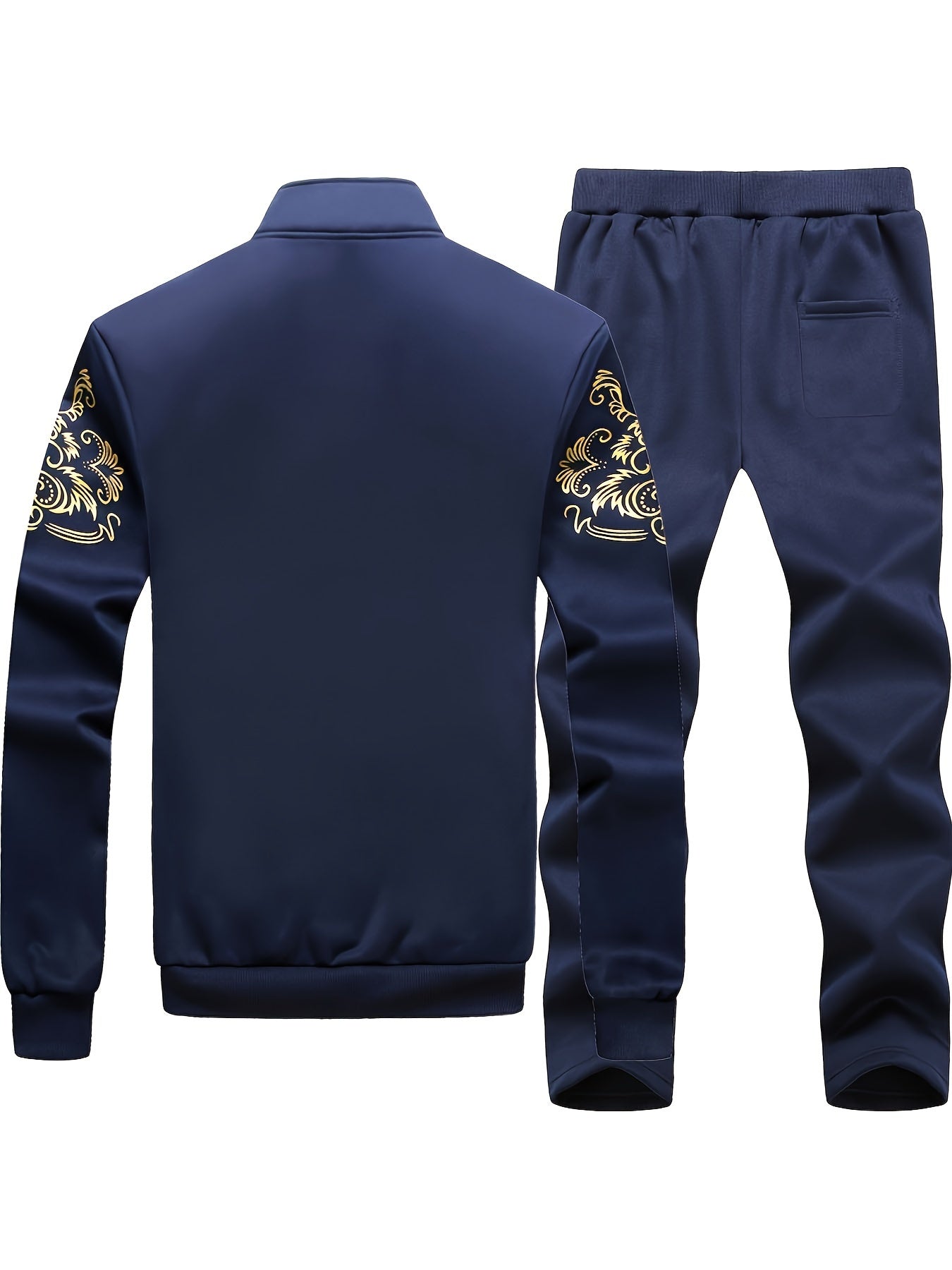 Men's Casual Sportswear Set Full Zip Printed Jacket and Drawstring Pants Polyester