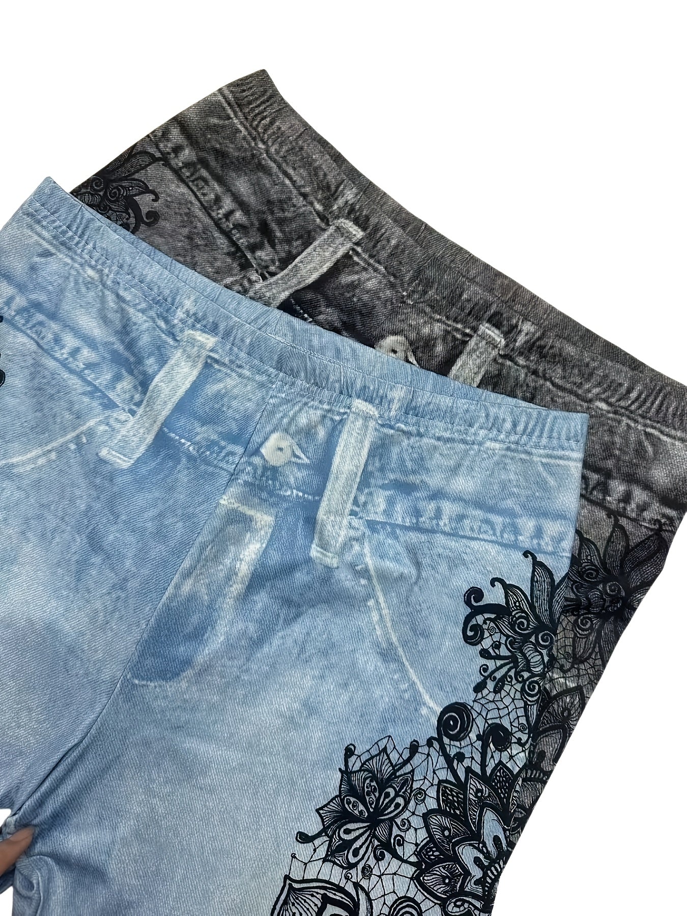 Women's Plus Size Floral Print Leggings High Waist All-Season Faux Denim Shorts