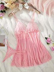 Pink Lace Nightgown Set with Satin Bow, Adjustable Straps, Sheer Boudoir
