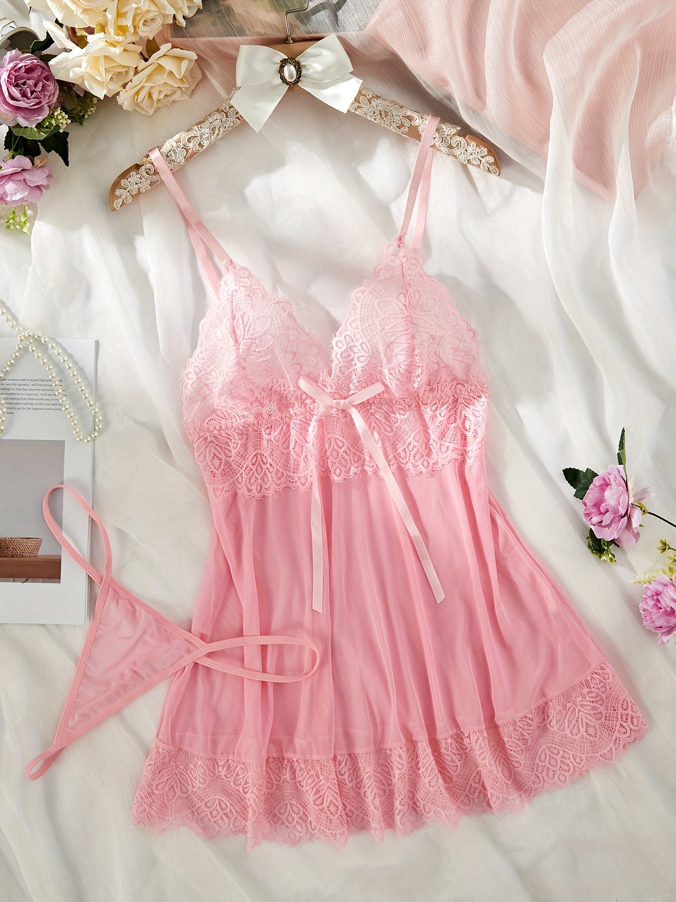 Pink Lace Nightgown Set with Satin Bow, Adjustable Straps, Sheer Boudoir