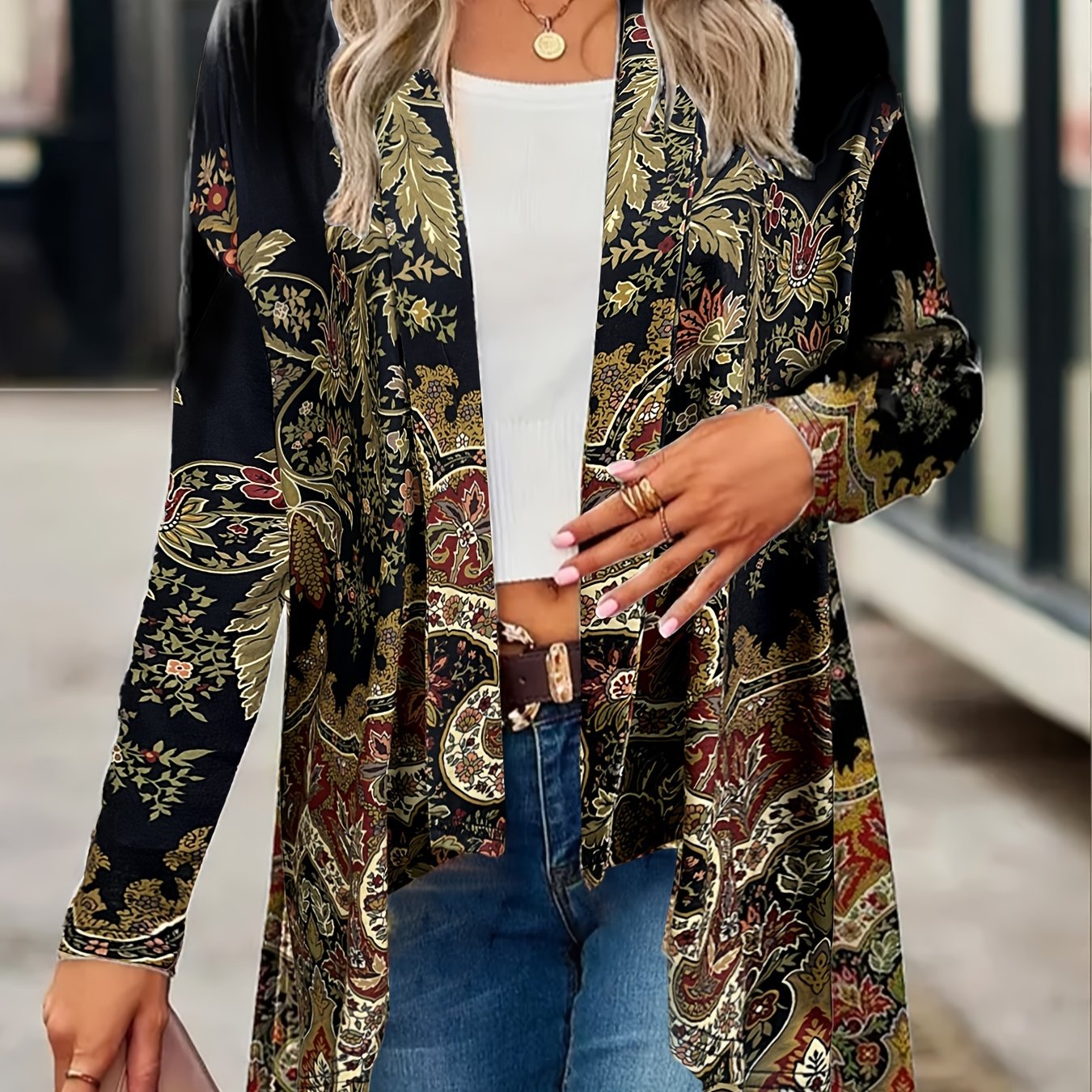 Plus Size Ethnic Floral Print Open Front Long Sleeve Top for Spring Fall Women