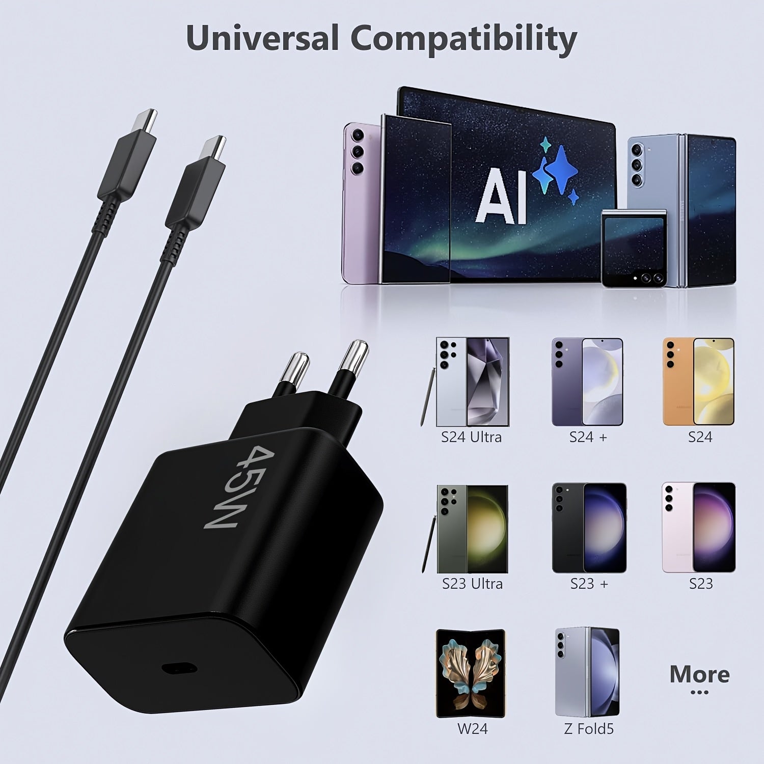 Samsung, Motorola G Series, Tab S9 S8 uchun 45W USB C zaryadlovchi, 100cm kabel bilan