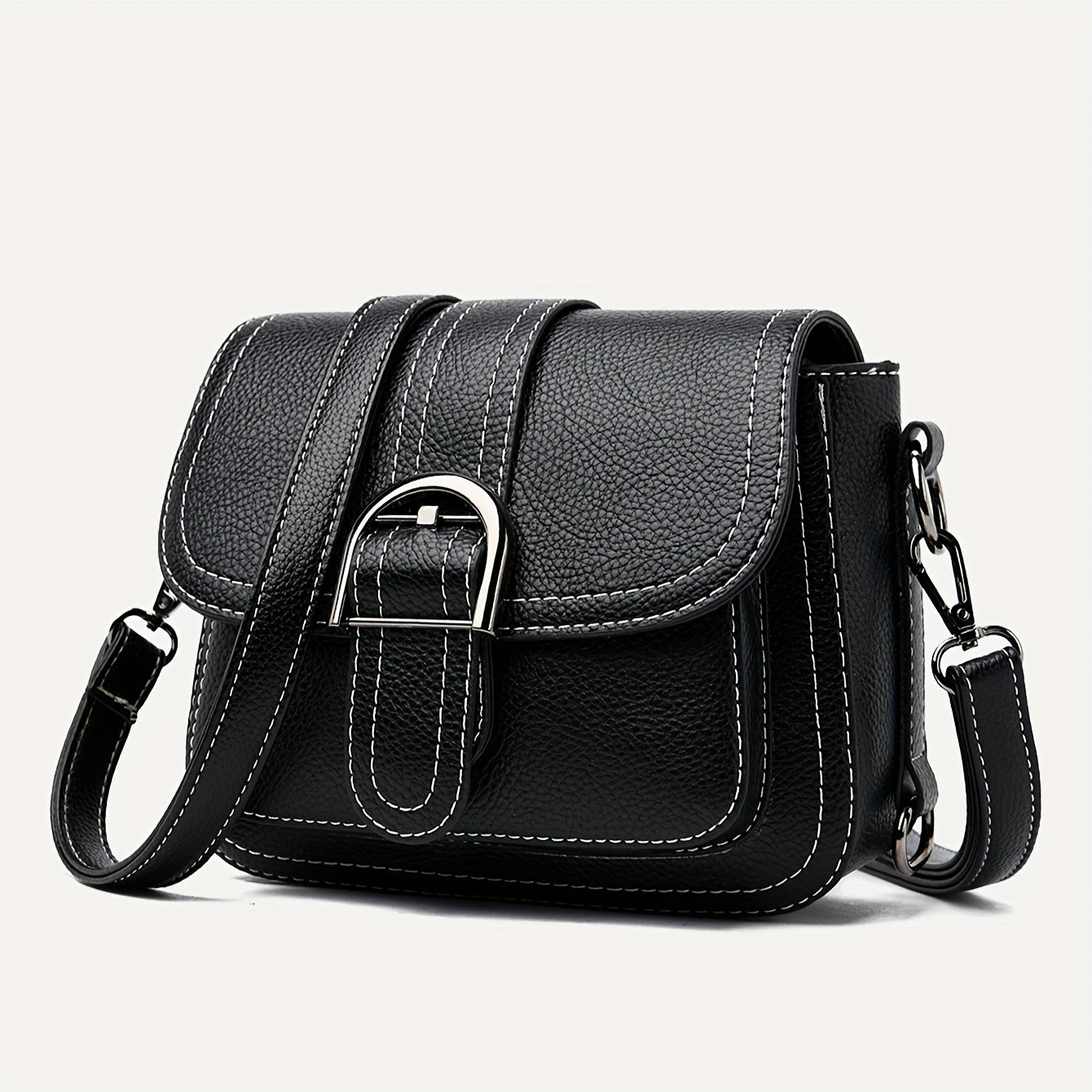 Solid Color Crossbody Bag for Women with Buckle Decor and Flap Closure