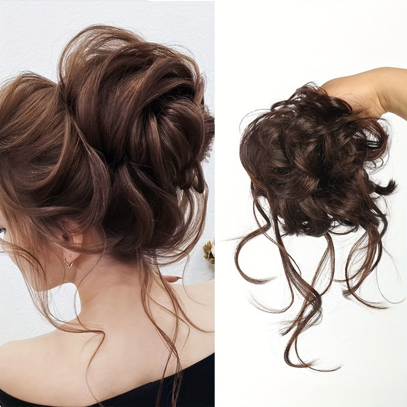 Women's Synthetic Curly Wavy Hair Bun Scrunchie in Dark Brown and Blonde