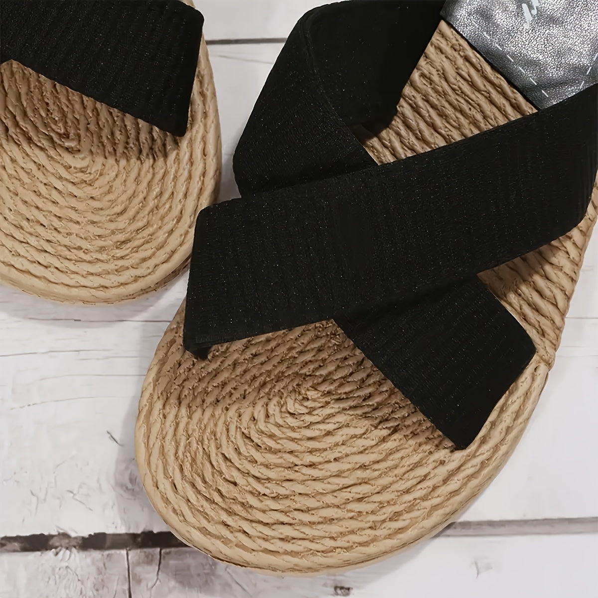 Women's Casual Slide Sandals Non-Slip EVA Flat Heel Braided Strap Beige White