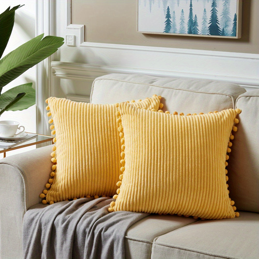 Набор из 2-х бохо наволочек для подушек с помпонами и акцентом из вельвета. Сплошные квадратные подушки для различных пространств. (18x18 дюймов/45x45 см). ВКЛЮЧЕНИЯ НЕ ВХОДЯТ.