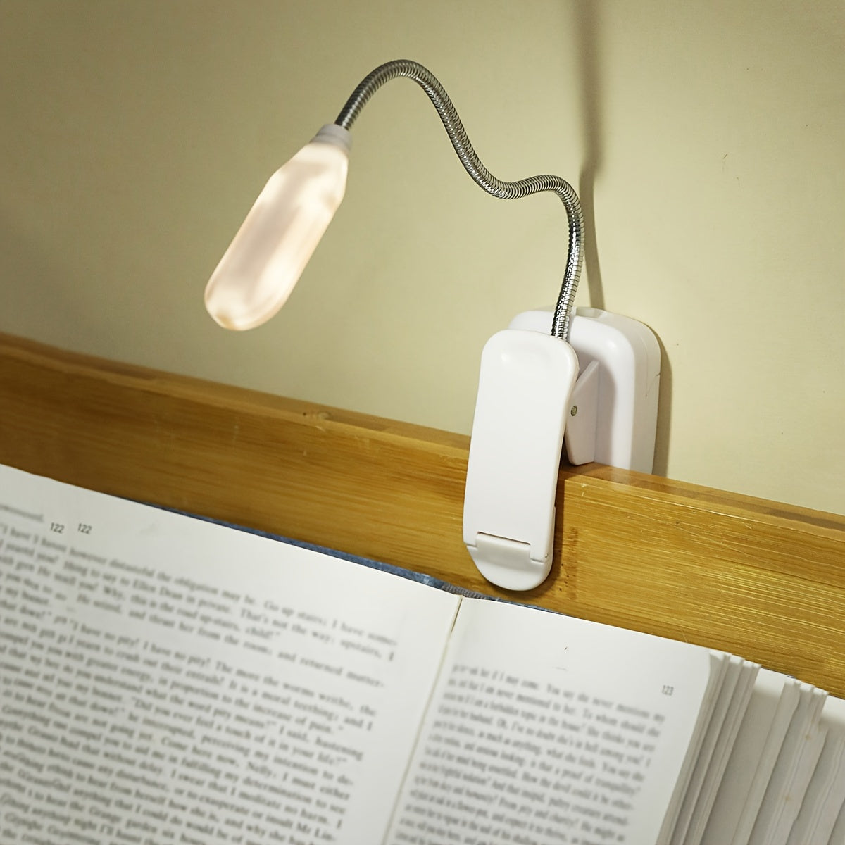 White LED Book Light with Adjustable Arm and Clip for Reading at Night