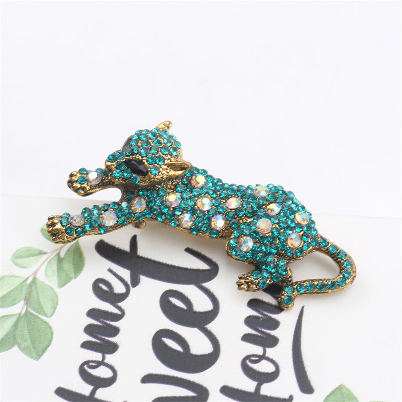 Vintage Style Cheetah Brooch Rhinestones Enamel Animal Jewelry Pin for Women