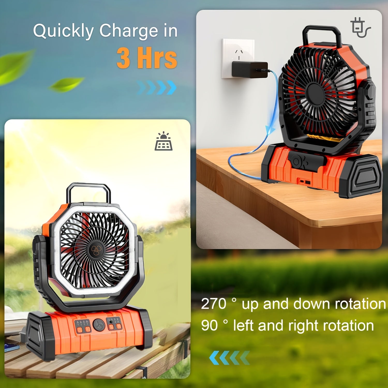 Portable Outdoor Fan Light Combo with USB Desk Fan Camping Lantern and Mobile Charger