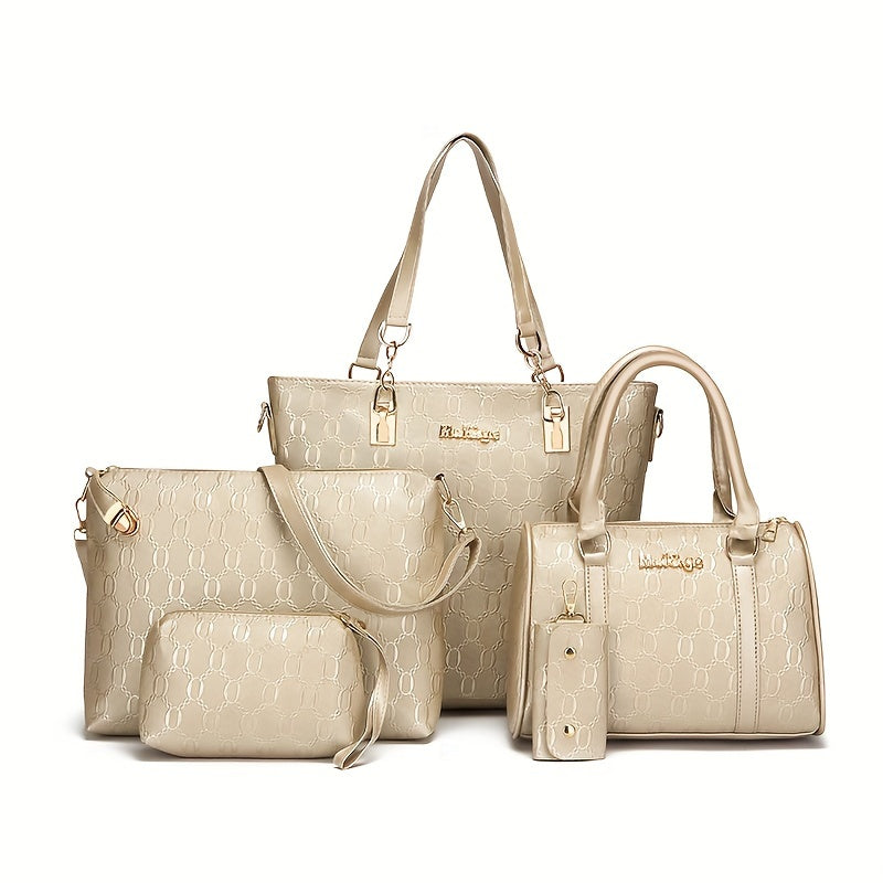 Set de bolso de cuero sintético de cinco piezas para mujer: bolso de mano, bandolera, bolso de hombro y monedero