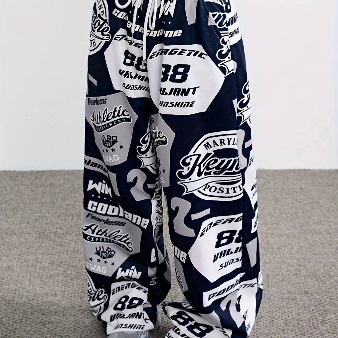 Women's Y2K Style Wide Leg Casual Soccer Pants with Letter Print Polyester Knit Drawstring Waist All-Season