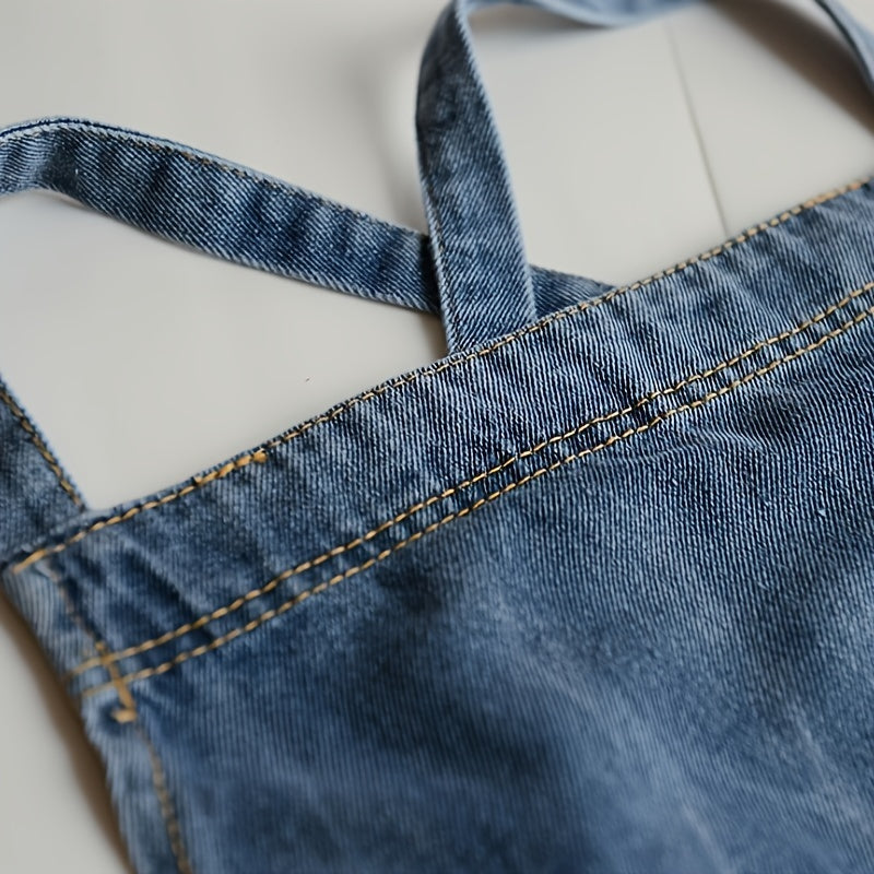 Blue Denim Apron with Pockets, Stain-Resistant, Adjustable Ties for Kitchen or Work