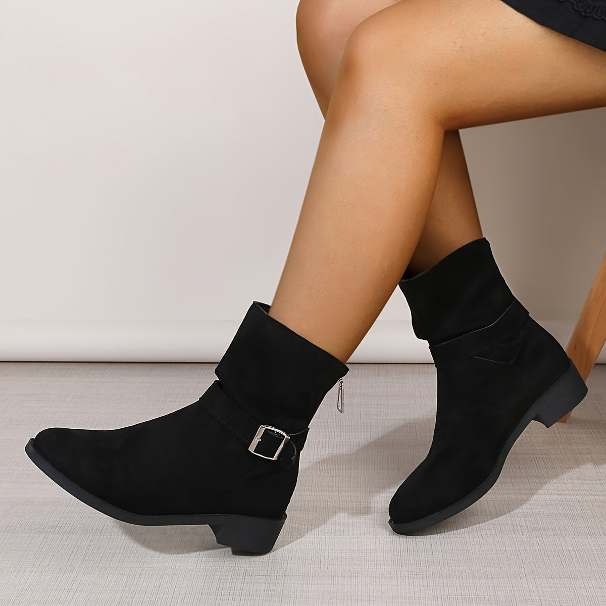 Women's Fleece-Lined Mid-Calf Boots Chunky Heel Side Zipper Casual