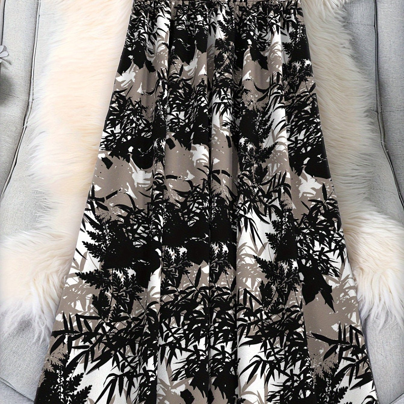 Plus Size Leaves Print Skirt Casual Elastic Waist Spring Summer Women's Clothing