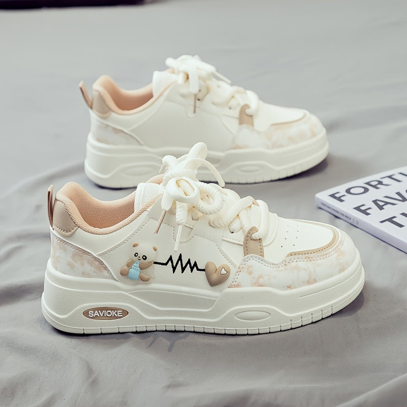 Women's White Mid-Top Sneakers with Cushioned PVC Sole and Heart Stripes