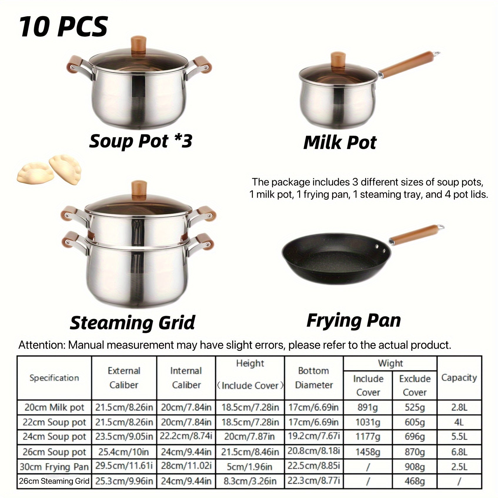 Stainless Steel Cookware Set 10 Pieces Non-Stick Skillet Induction Gas Compatible