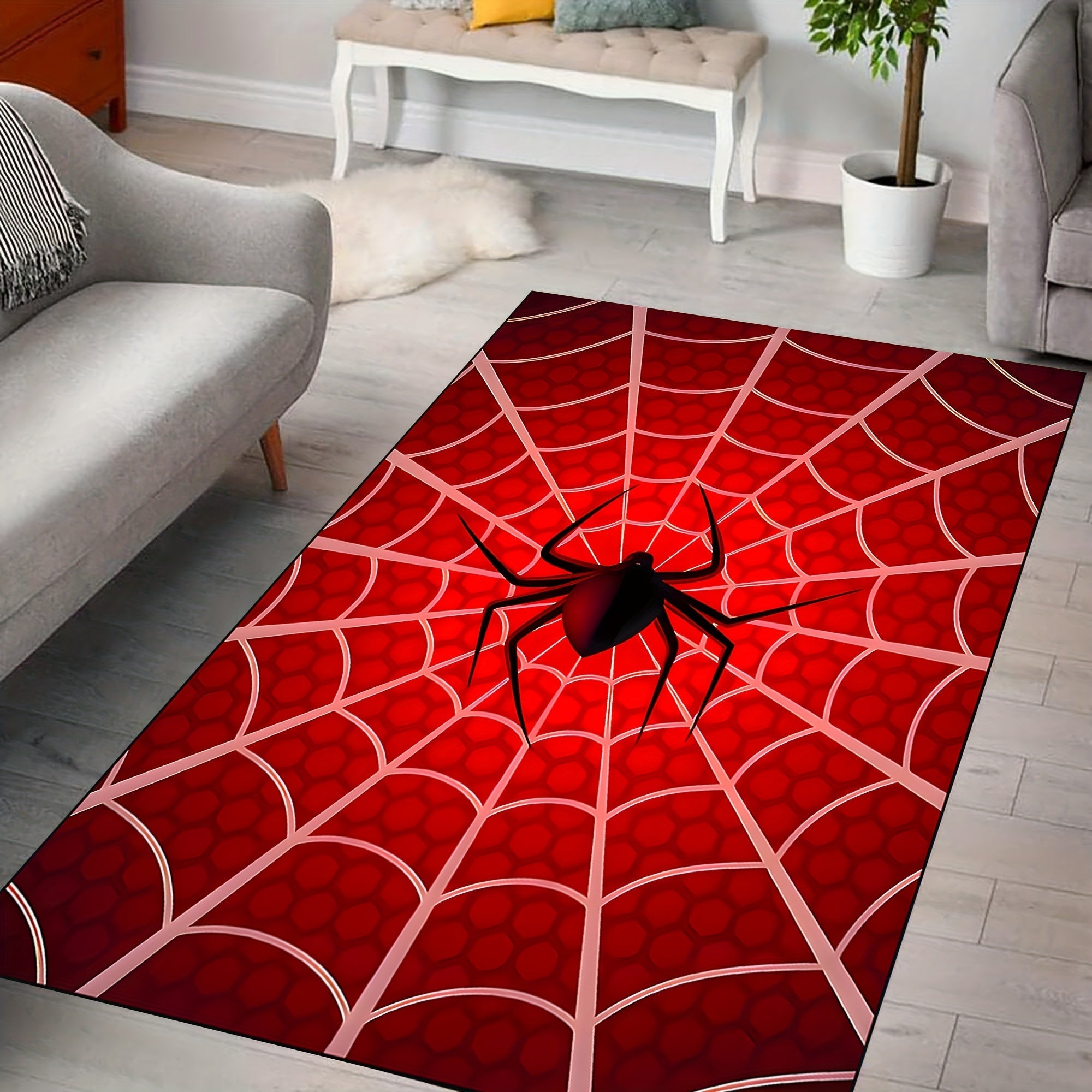 Alfombra de área con patrón de telaraña 3D de poliéster antideslizante y lavable para sala de estar y dormitorio