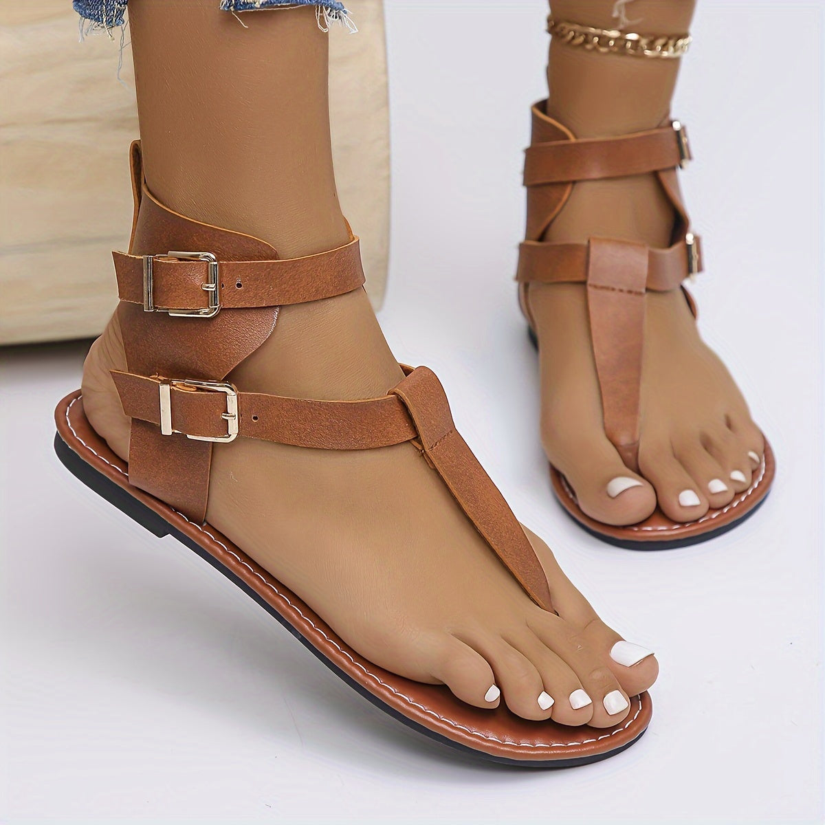 Women's Solid Color Buckle Thong Sandals Lightweight Casual Summer Beach Shoes