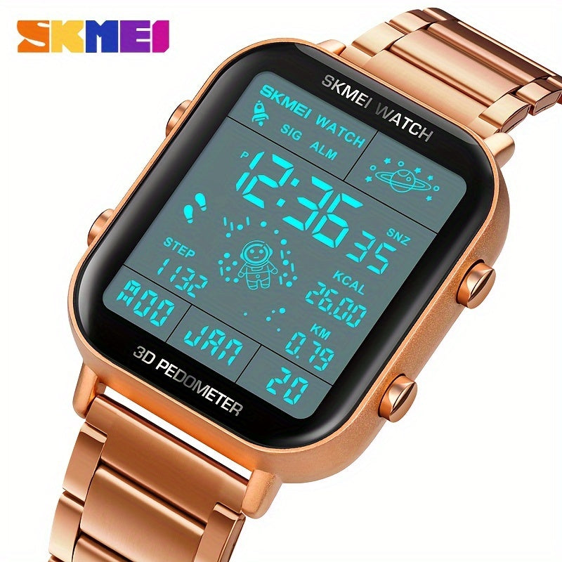 Men's Outdoor Sports Pedometer Watch with Digital Night Light and Gold Case