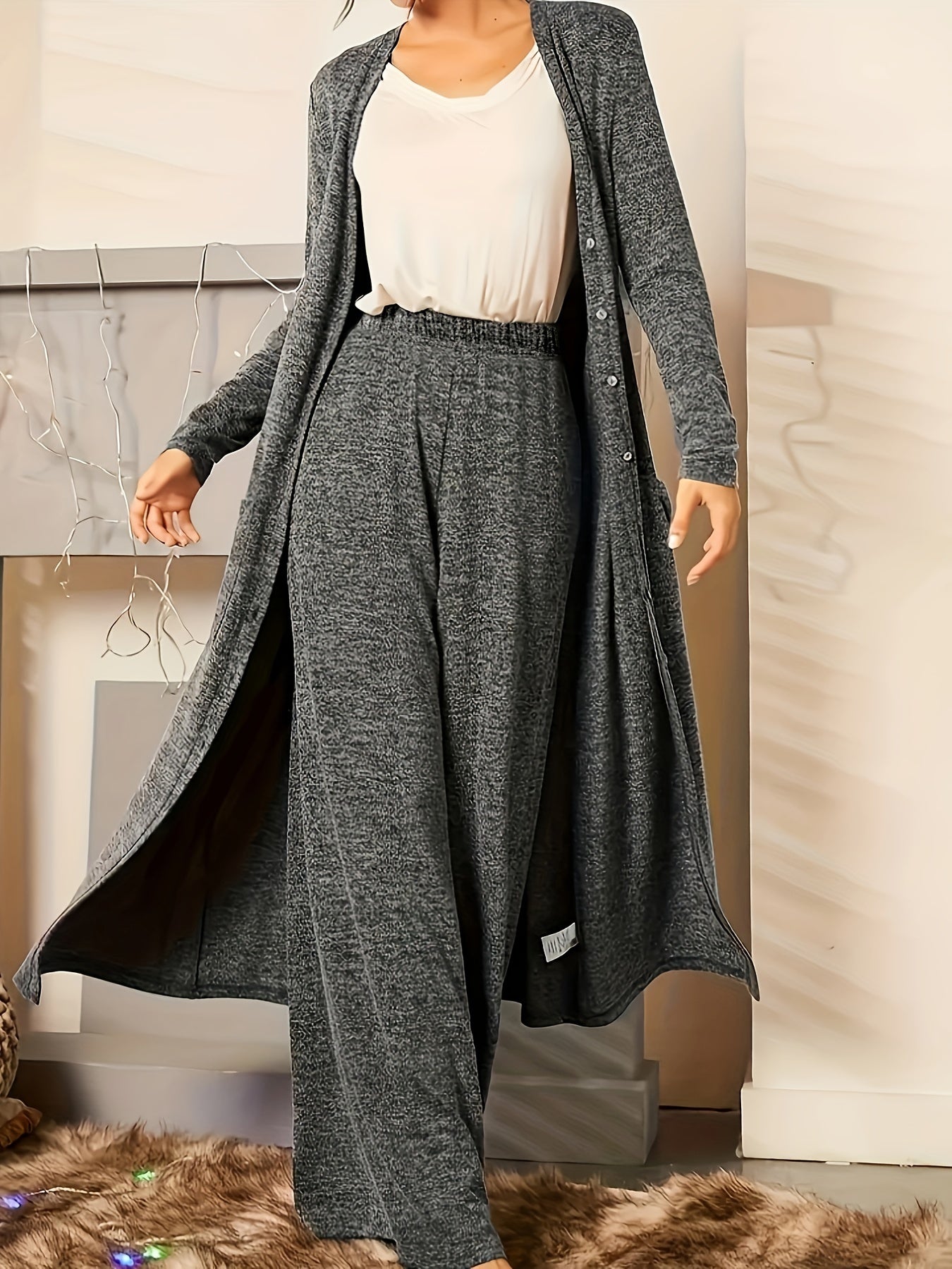 Women's Lounge Set Long Sleeve V-Neck Cardigan And Pants Plus Size Fall Winter