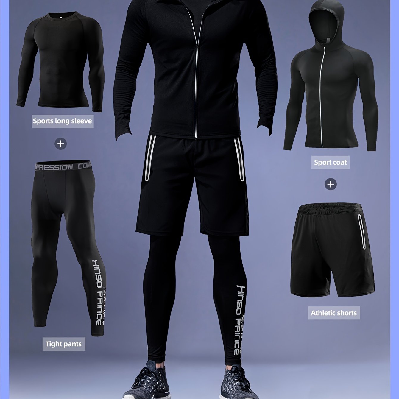 Men's Athletic Set Hoodie Shorts Leggings Quick-Dry Stretch Sports Casual Outdoor