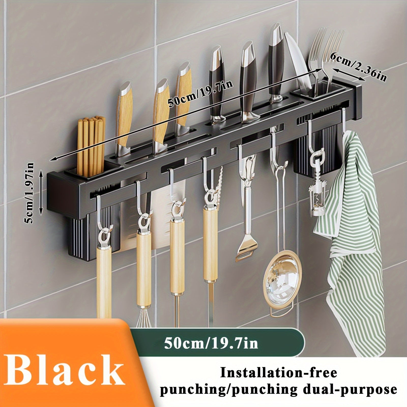 Wall-Mounted Stainless Steel Kitchen Knife Rack with Hooks and Shelf, 50cm