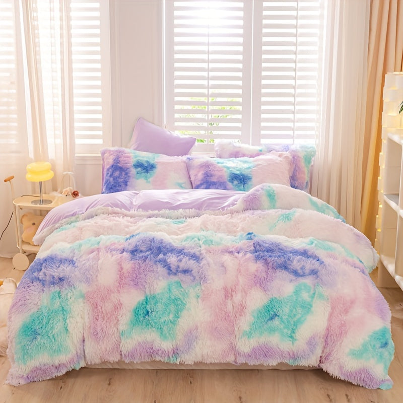 Y2K Tie Dye Plush Duvet Cover Set Includes 1 Duvet Cover and 2 Pillowcases Soft Warm Bedding