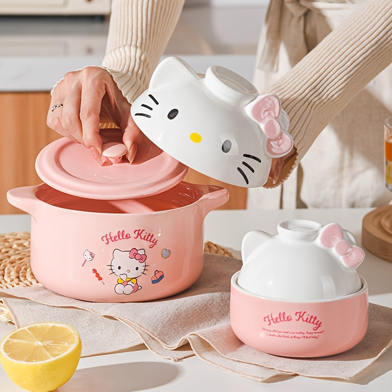 "Одна керамическая кастрюля с мультяшным персонажем Hello Kitty от Sanrio, очаровательная кастрюля для супа с крышкой, многофункциональная кастрюля для приготовления, выпечки и приготовления на пару - очаровательная кухонная посуда"