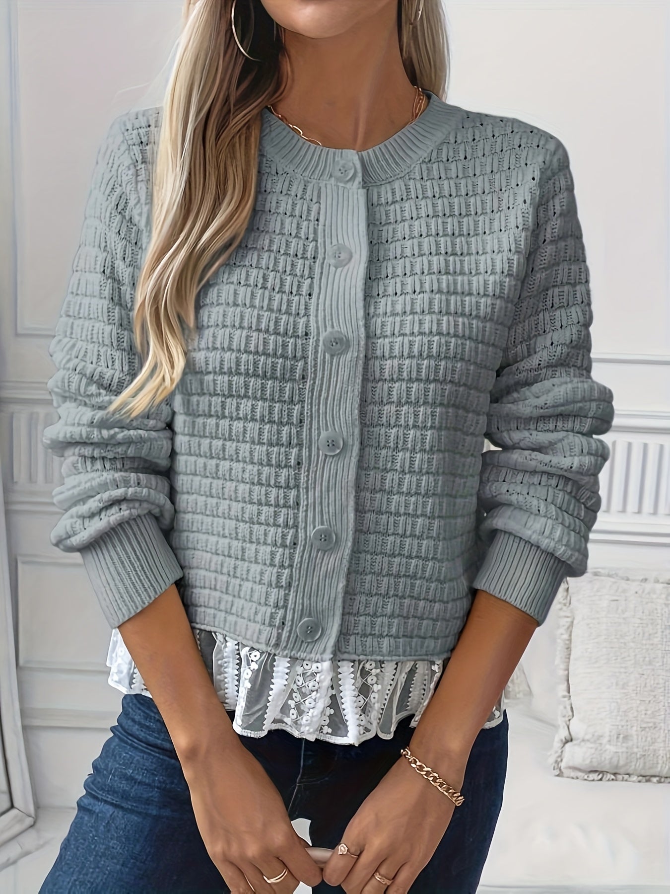Женский кардиган с кружевной отделкой из шифона, полупрозрачный, с контрастными рукавами и укороченным кроем