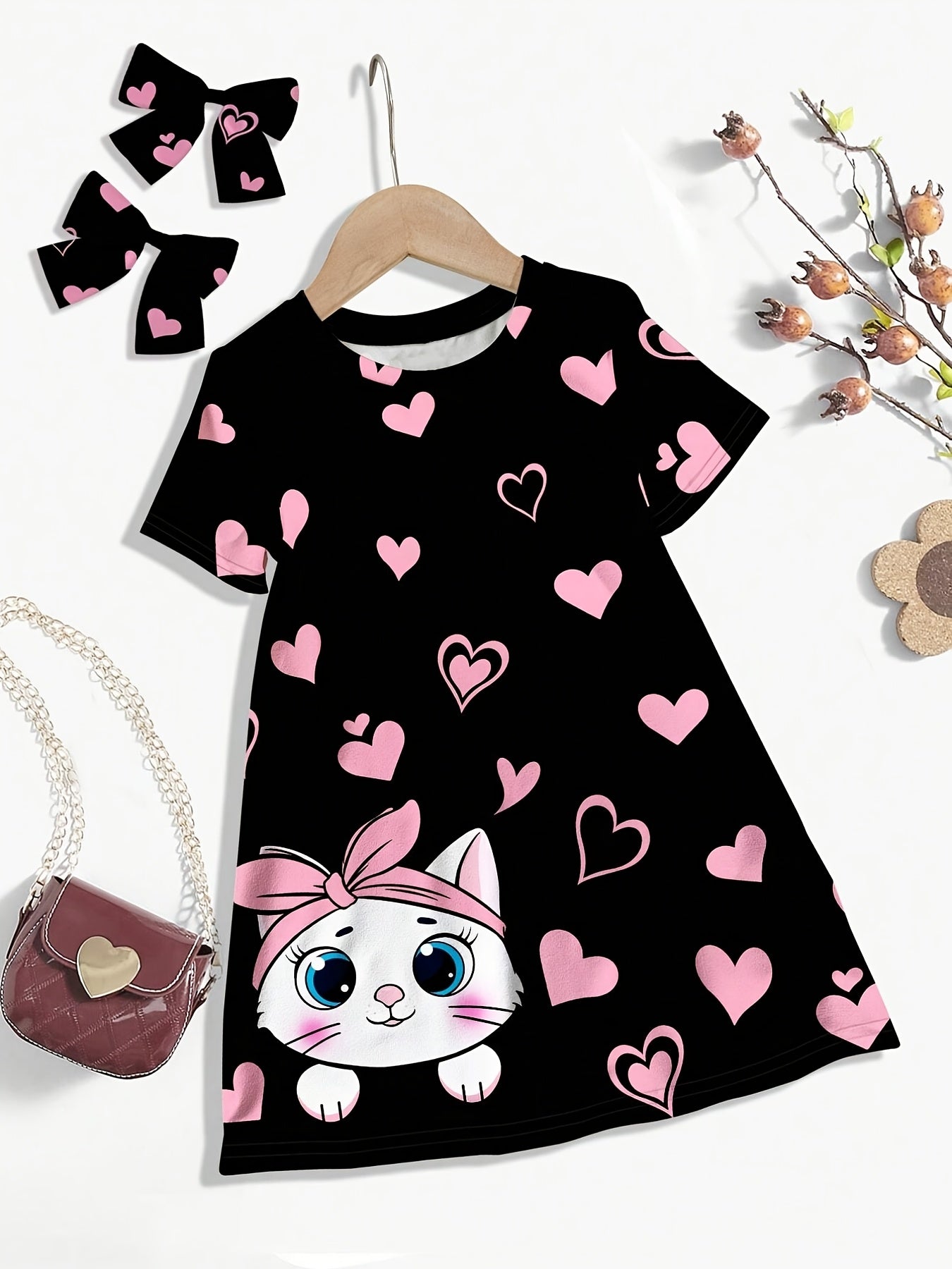 Girls' Dress Heart Print Polyester Knit Loose Fit for Outdoor Wear Black Pink Cats Medium Stretch