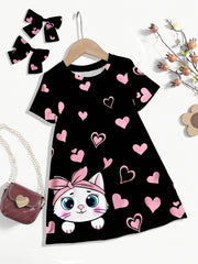 Girls' Dress Heart Print Polyester Knit Loose Fit for Outdoor Wear Black Pink Cats Medium Stretch
