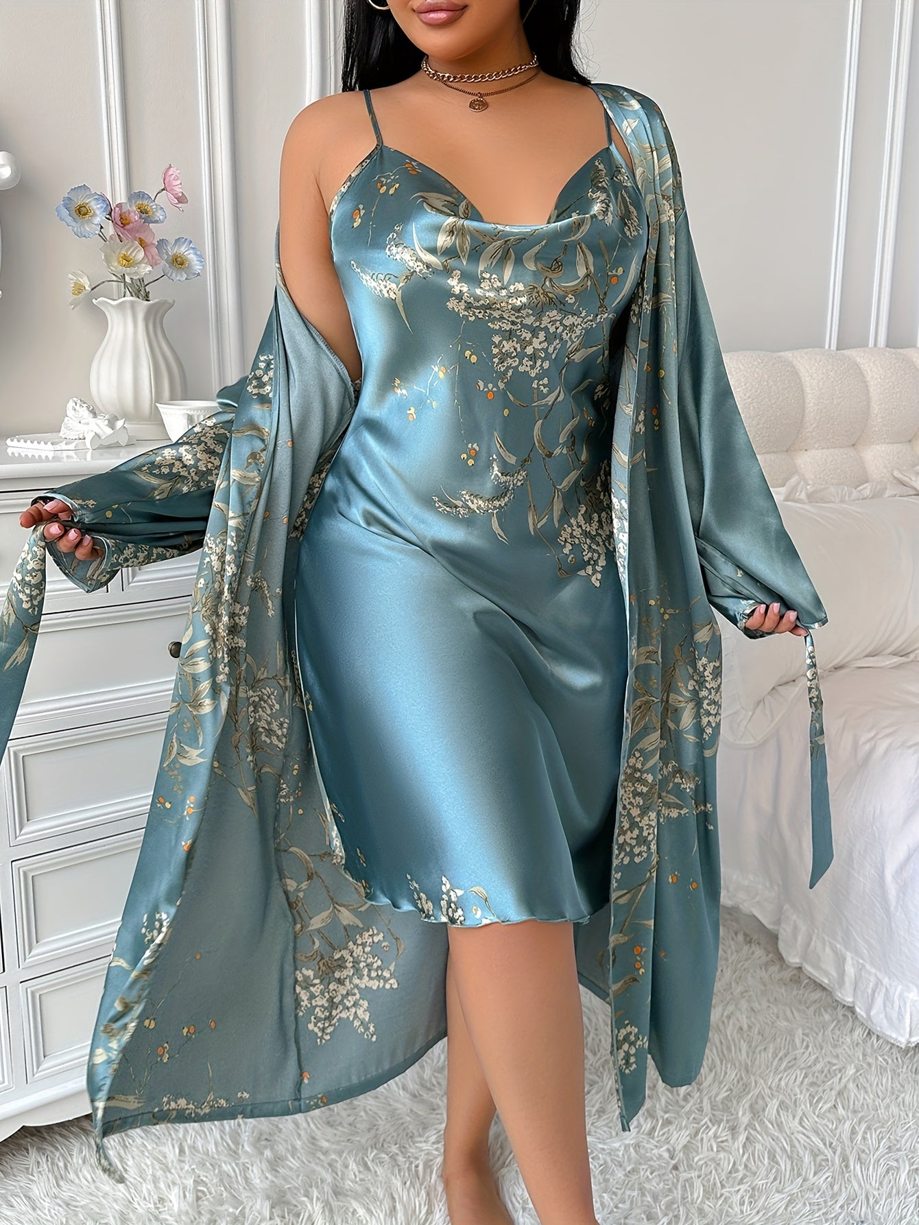 Plus Size Women Long Robe Nightgown Set Puff Sleeves Halter Neck