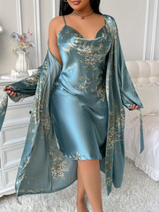 Plus Size Women Long Robe Nightgown Set Puff Sleeves Halter Neck