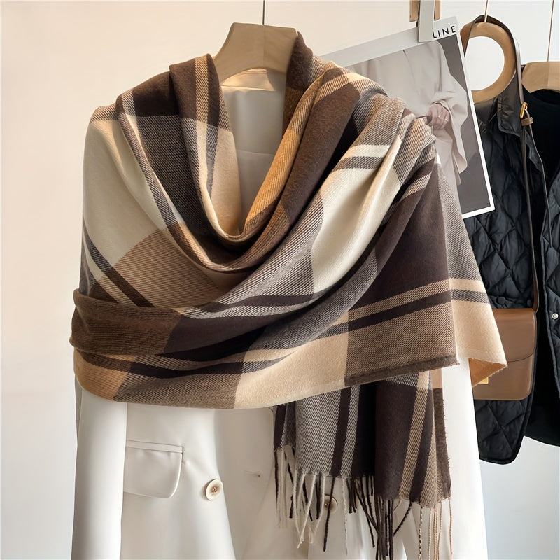 Plaid Wool Scarf with Tassel Detail for Autumn Winter Warmth and Style
