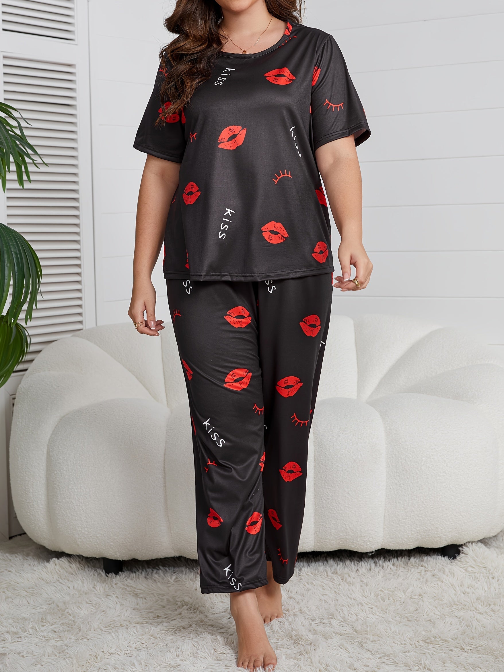 Plus Size Women's Lounge Set Short Sleeve Top and Pants Home Wear