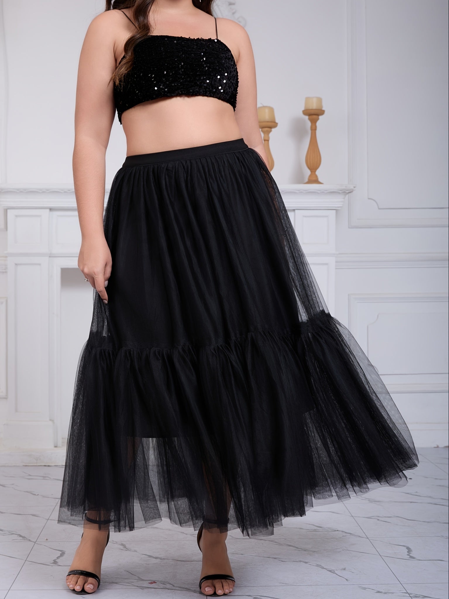 Women's Black Mesh Maxi Skirt Tiered High-Waisted Casual Elegant