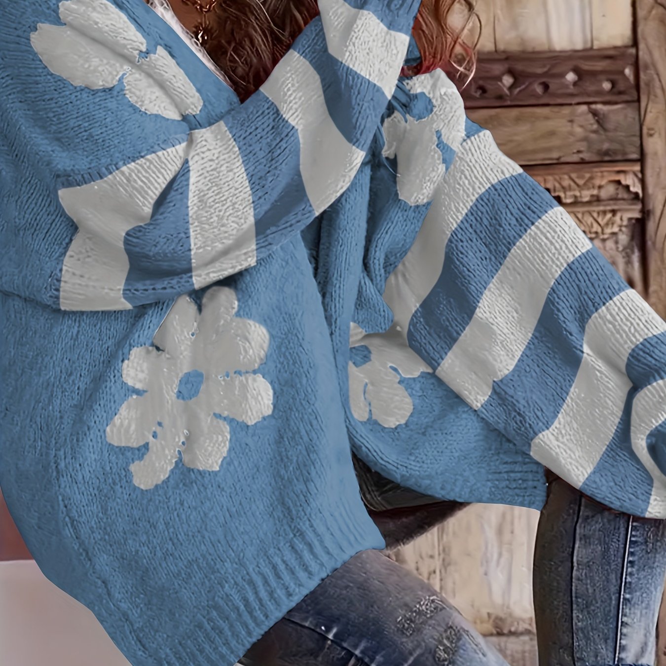 Women's Plus Size V-Neck Floral Print Knit Cardigan Long Sleeve Sweater