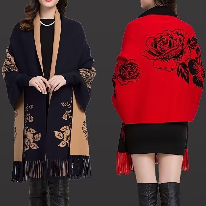 Double-Sided Knit Shawl with Floral Design for Women Autumn Winter Polyester Woven Decorative