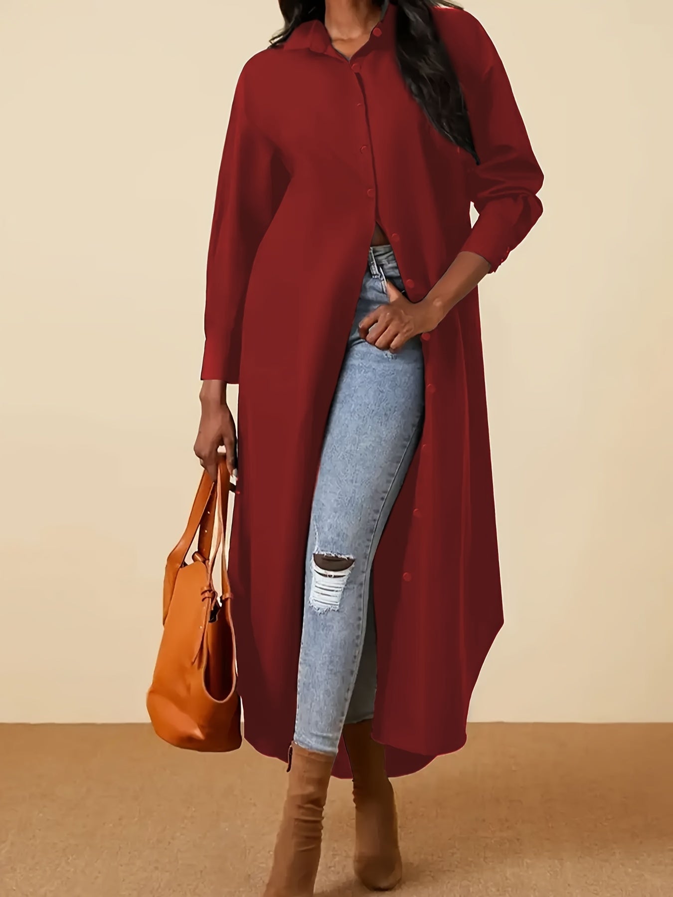 Women's Plus Size Casual Dress Long Sleeve Solid Lapel Collar Button-Up