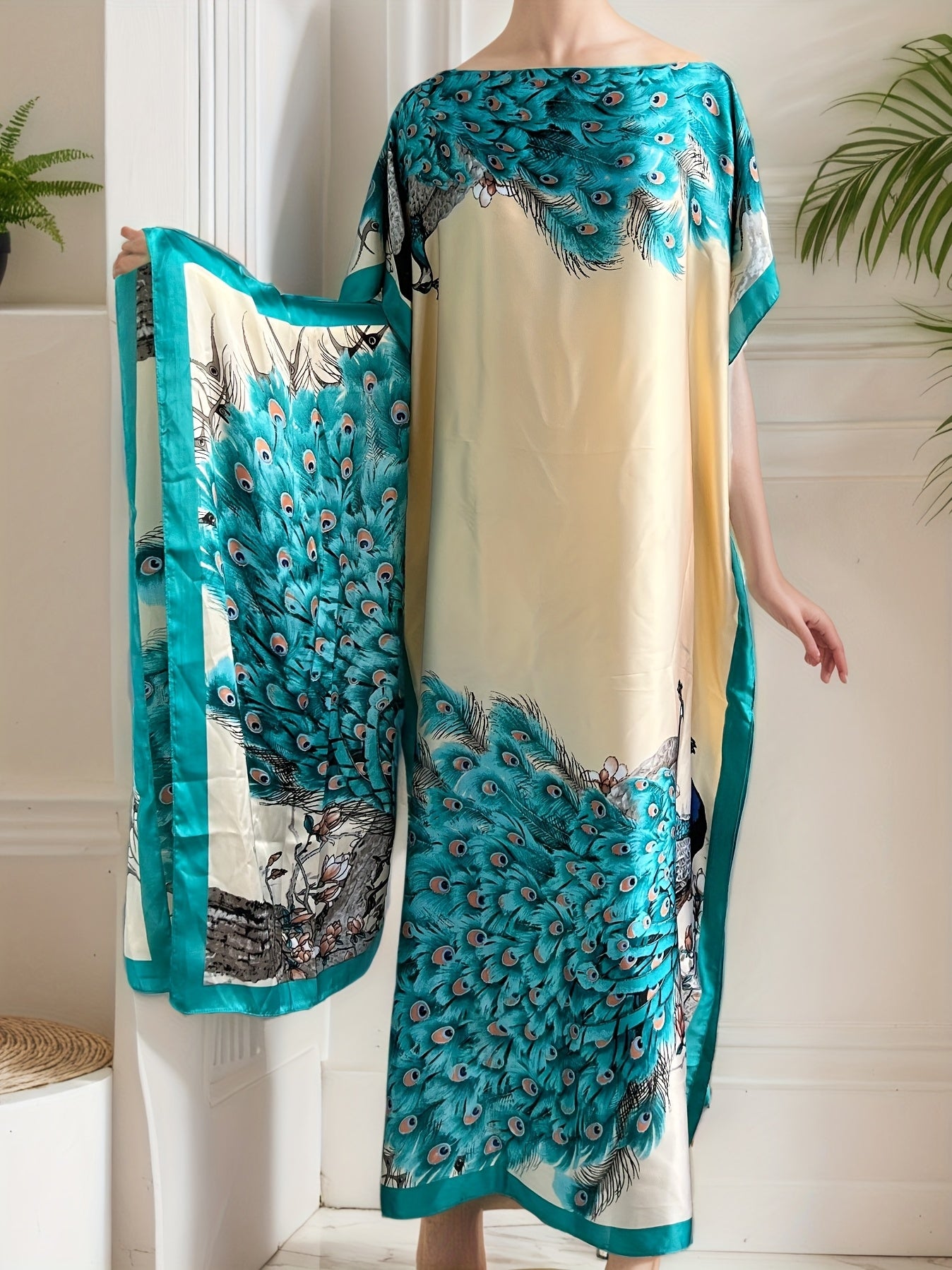 Plus Size Women's Peacock Print Maxi Dress with Scarf, Blue Beige All-Season Casual