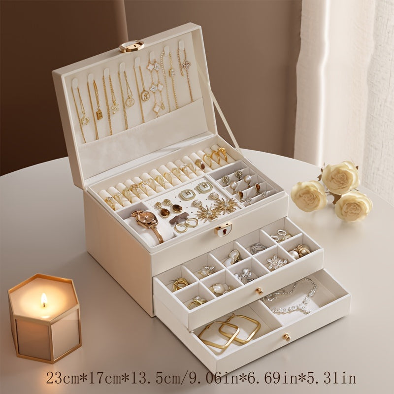 Large Capacity Leather Jewelry Organizer Box with Multiple Compartments and Gold Finish