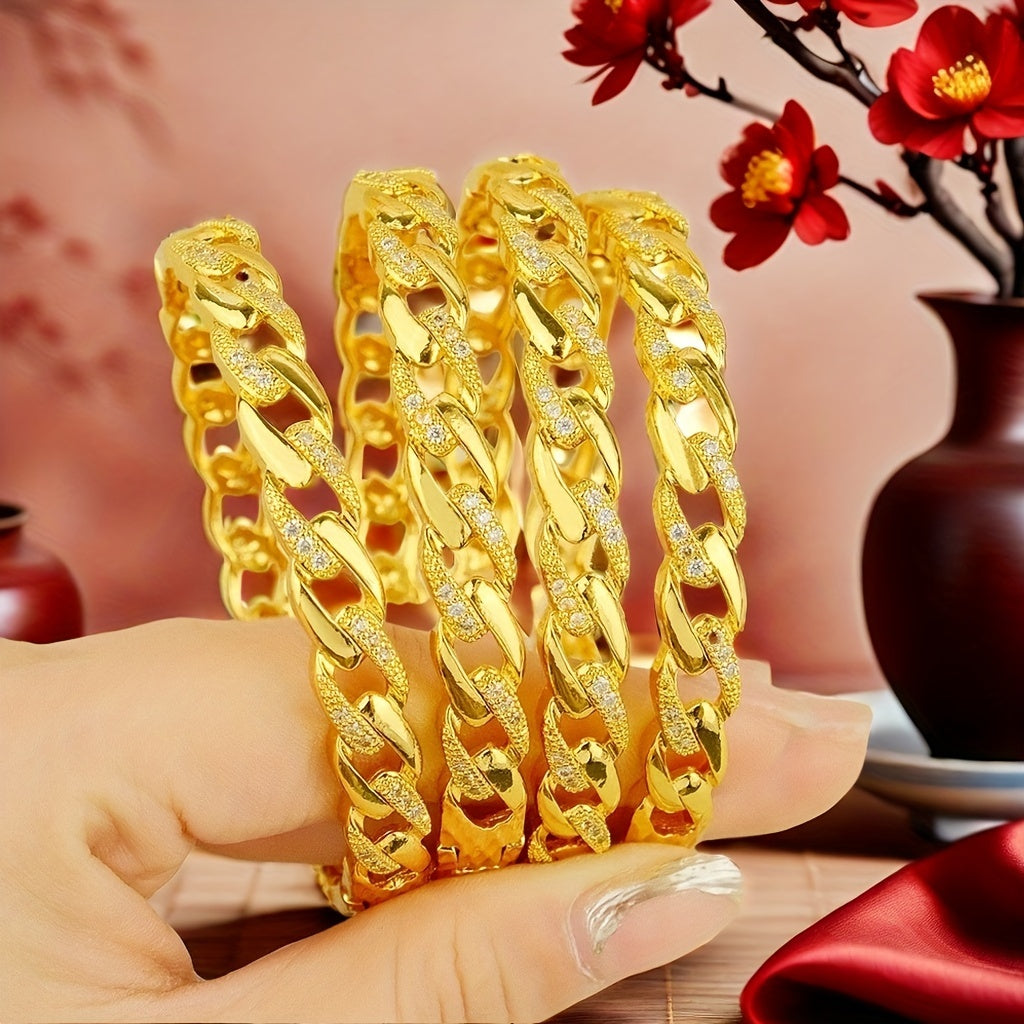 Set of 4 Bohemian Style Gold Plated Copper Bangles with Synthetic Zirconia for Weddings and Parties