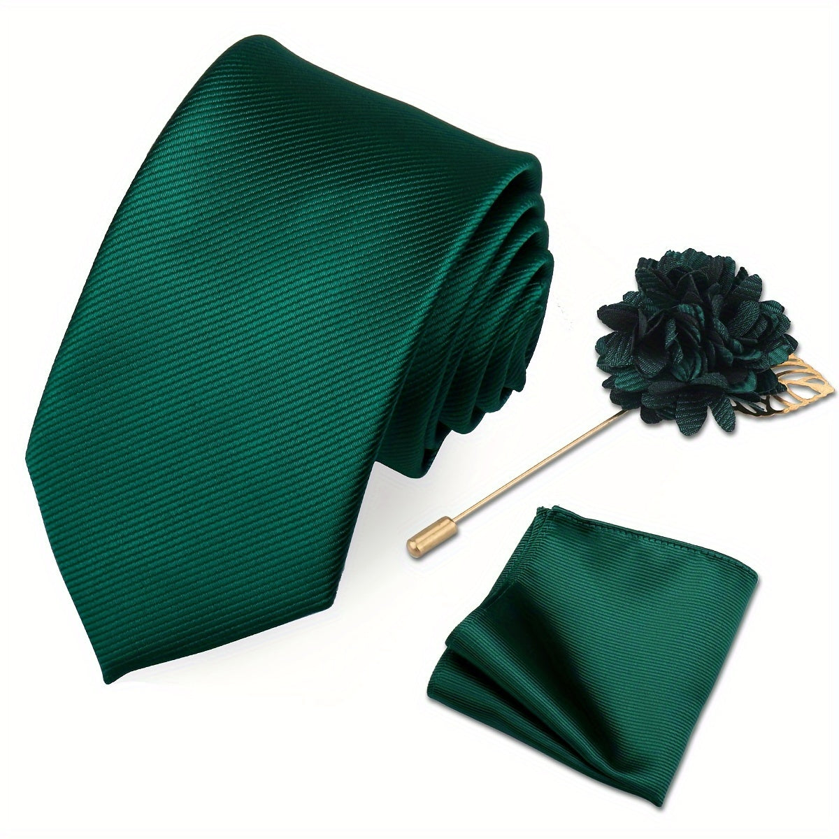 Men's Tie Set with Pocket Towel and Brooch, Classic Striped Plain Design
