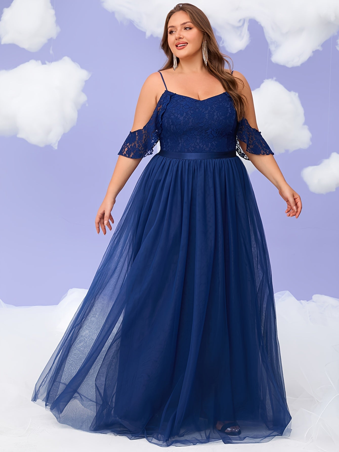 Plus Size Women's Lace Tulle Off-Shoulder Evening Gown Burgundy A-Line Mermaid Party Dress