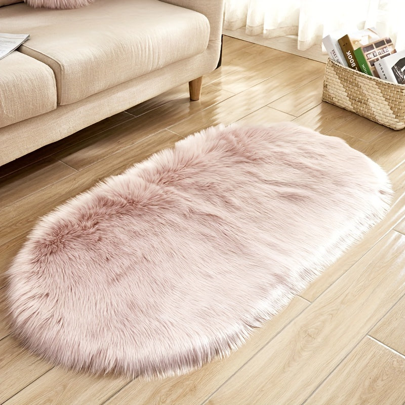 Oval Faux Sheepskin Rug Plush Shaggy Carpet Machine Washable Bedroom Living Room
