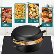 Black Cast Iron Combo Cooker 1-Piece Stew and Fry Pan Non-Stick Heat-Resistant