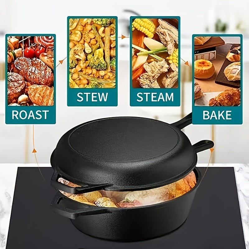 Black Cast Iron Combo Cooker 1-Piece Stew and Fry Pan Non-Stick Heat-Resistant